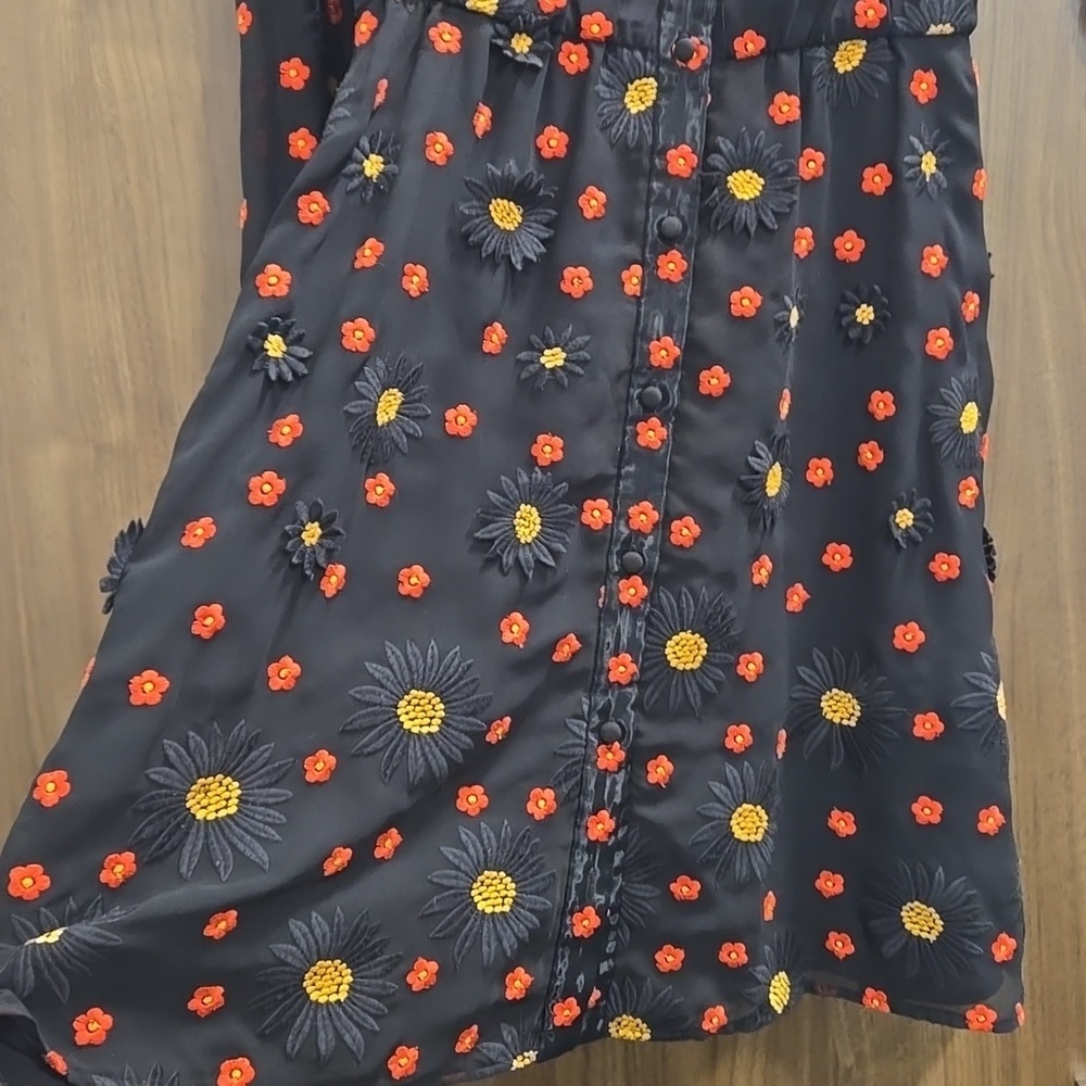 Alice + Olivia-"Enid" Floral Embroidered Appliqué Shirt Dress Black-Size XS - Picture 8 of 17